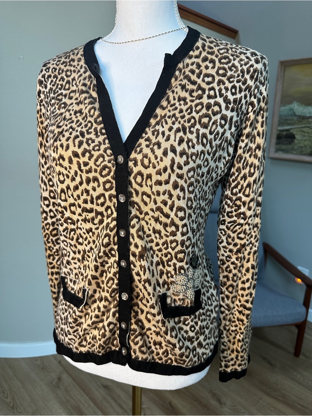 Charlotte Tarantola leopard print silk blend cardigan with bead floral appliqué